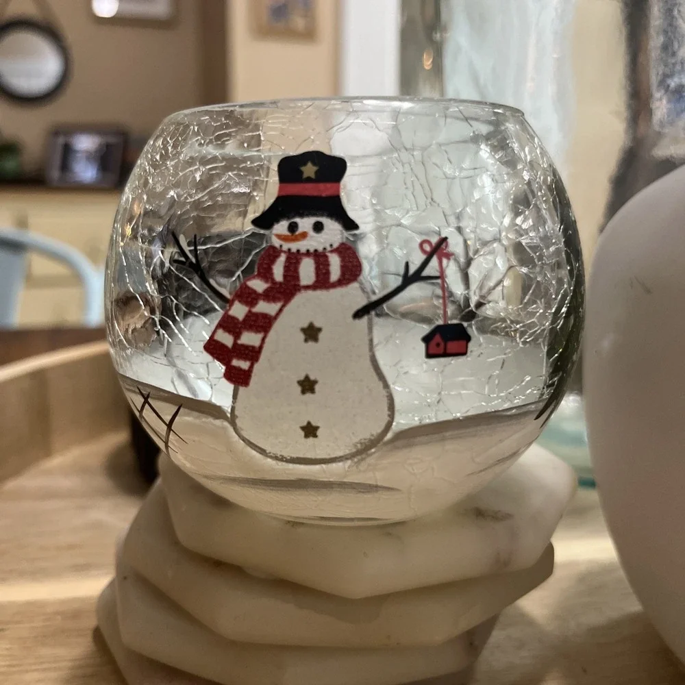 Crackle Glass Snowman Tea Light Candle Holder Christmas Holiday Decor Lot Of 2